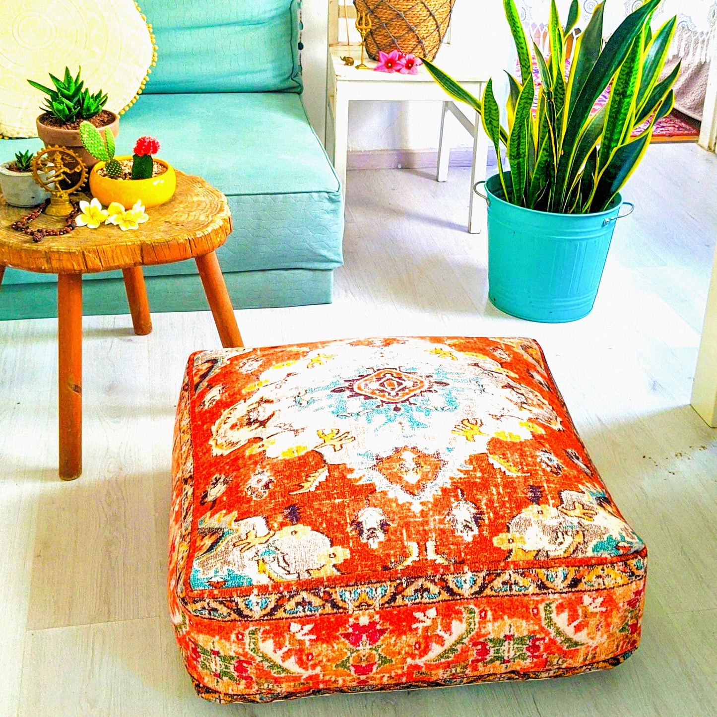 Boho Zen Floor Cushion Cover - 24x8 inches - Meditation Pillow Case - Printed Cotton Rug Pouf - Square Yoga Decor - Insert Not Included