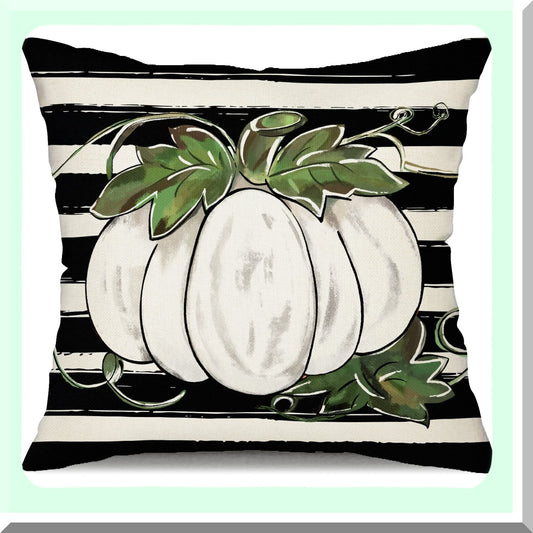 Autumn Harvest Pumpkin Pillow Cover - 18x18 Inch White Fall Cushion - Farmhouse Decorative Outdoor Throw Pillow Case