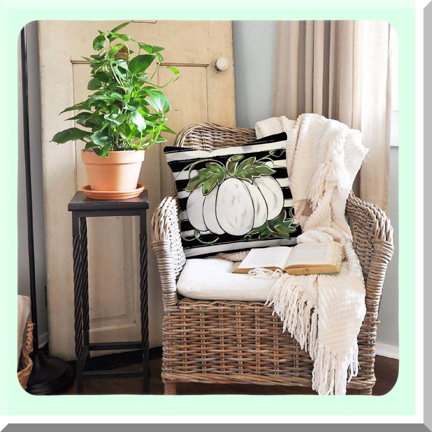 Autumn Harvest Pumpkin Pillow Cover - 18x18 Inch White Fall Cushion - Farmhouse Decorative Outdoor Throw Pillow Case