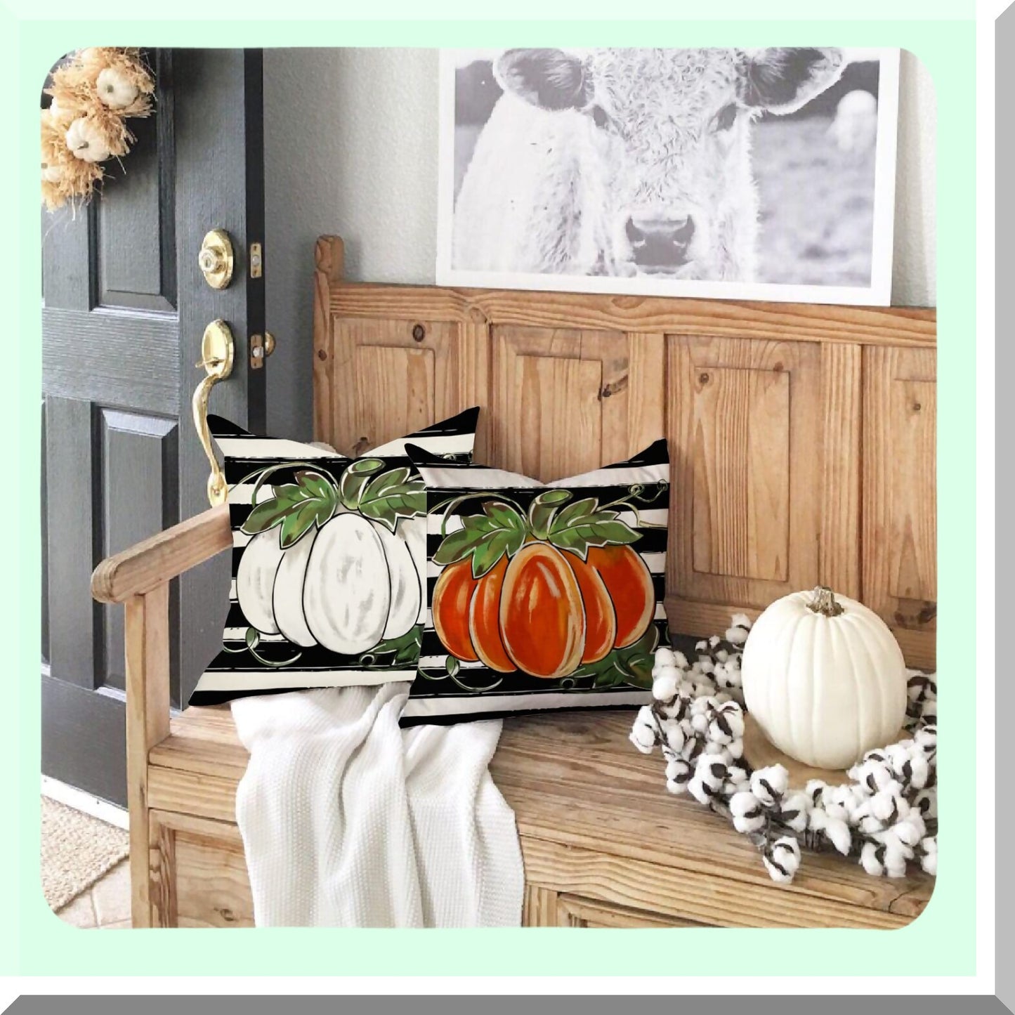 Autumn Harvest Pumpkin Pillow Cover - 18x18 Inch White Fall Cushion - Farmhouse Decorative Outdoor Throw Pillow Case