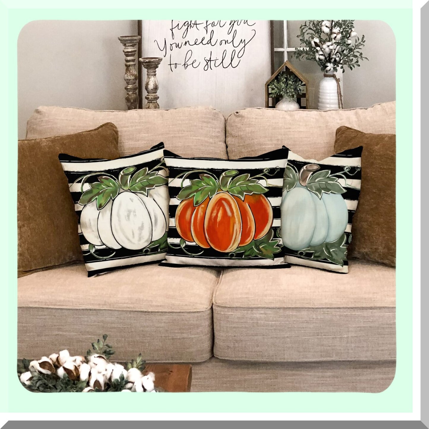 Autumn Harvest Pumpkin Pillow Cover - 18x18 Inch White Fall Cushion - Farmhouse Decorative Outdoor Throw Pillow Case