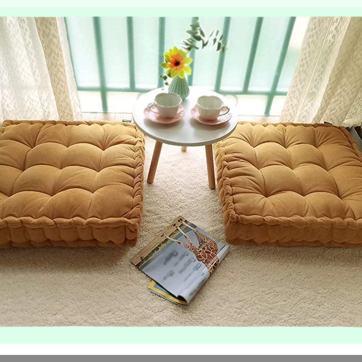 Sunshine Zen Floor Cushion - 25x25 Inch Square Meditation Pillow for Adults & Kids. Oversized Tufted Seat Cushion for Reading Nook & Yoga. Yellow Sitting Pillow for Floor Seating.