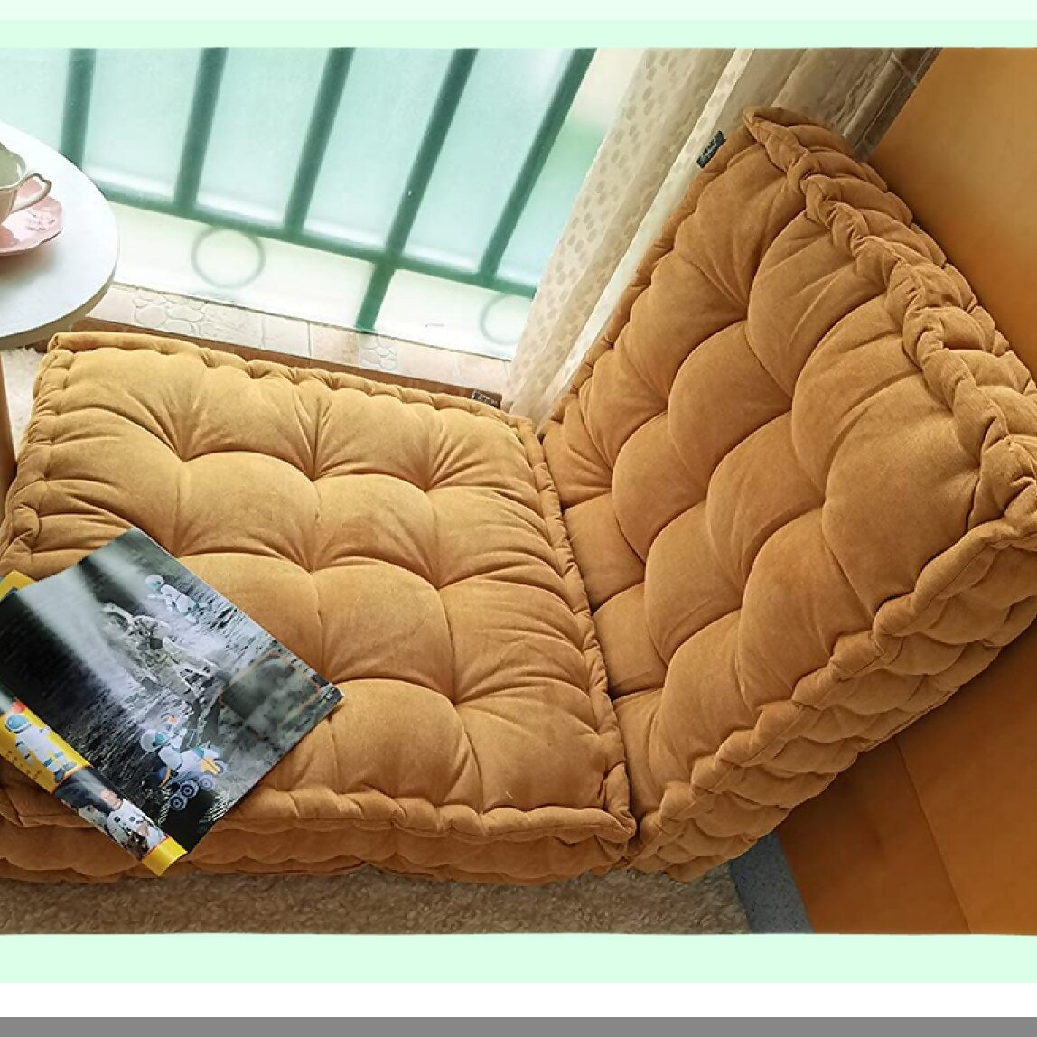 Sunshine Zen Floor Cushion - 25x25 Inch Square Meditation Pillow for Adults & Kids. Oversized Tufted Seat Cushion for Reading Nook & Yoga. Yellow Sitting Pillow for Floor Seating.