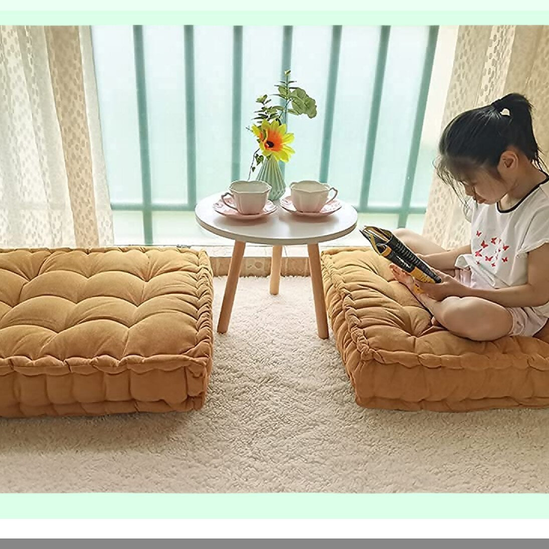 Sunshine Zen Floor Cushion - 25x25 Inch Square Meditation Pillow for Adults & Kids. Oversized Tufted Seat Cushion for Reading Nook & Yoga. Yellow Sitting Pillow for Floor Seating.