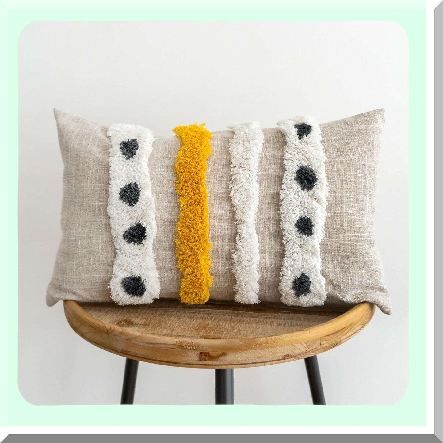 Handwoven Boho Striped Lumbar Pillow Cover - Linen Cotton Decorative Cushion Case for Couch Sofa - Beige Yellow 12x20 Inch - Tufted Simple Design