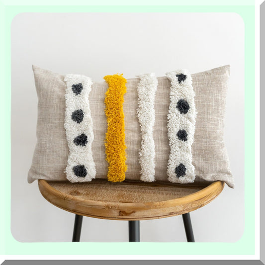 Handwoven Boho Striped Lumbar Pillow Cover - Linen Cotton Decorative Cushion Case for Couch Sofa - Beige Yellow 12x20 Inch - Tufted Simple Design