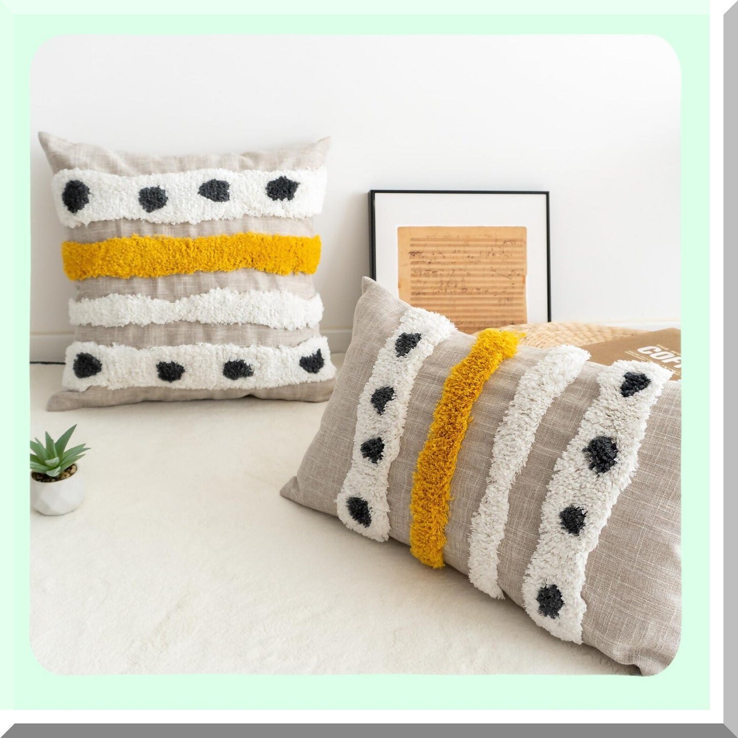 Handwoven Boho Striped Lumbar Pillow Cover - Linen Cotton Decorative Cushion Case for Couch Sofa - Beige Yellow 12x20 Inch - Tufted Simple Design
