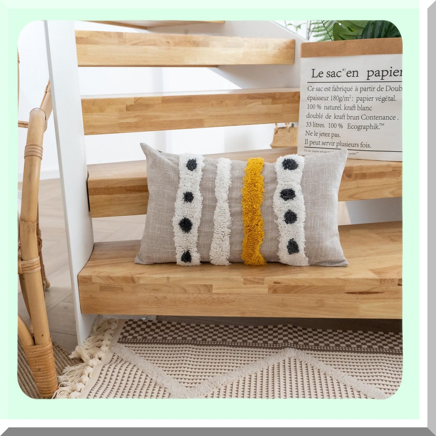 Handwoven Boho Striped Lumbar Pillow Cover - Linen Cotton Decorative Cushion Case for Couch Sofa - Beige Yellow 12x20 Inch - Tufted Simple Design