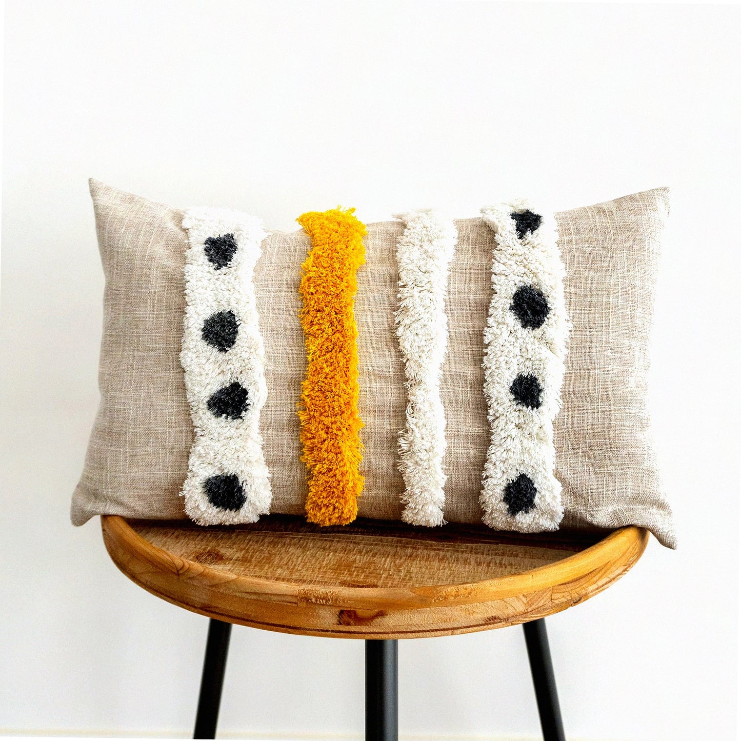 Handwoven Boho Striped Lumbar Pillow Cover - Linen Cotton Decorative Cushion Case for Couch Sofa - Beige Yellow 12x20 Inch - Tufted Simple Design