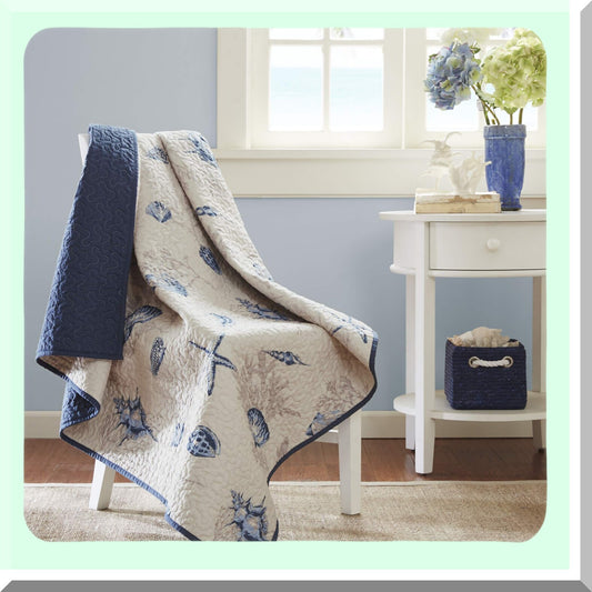 Coastal Comfort Quilted Throw - Premium Oversized Soft Microfiber Blanket for Bed, Couch, or Sofa in Ivory and Navy Blue (60x70)