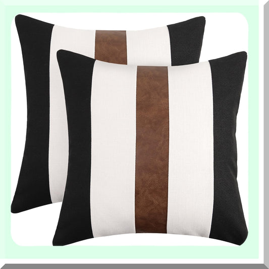 Black White Farmhouse Leather Linen Throw Pillow Covers 18x18 Inch Set of 2 - Modern Decorative Accent Cushion Covers for Couch Sofa