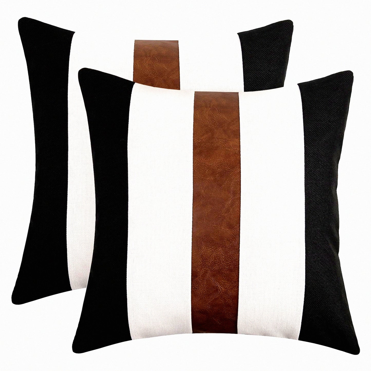Black White Farmhouse Leather Linen Throw Pillow Covers 18x18 Inch Set of 2 - Modern Decorative Accent Cushion Covers for Couch Sofa