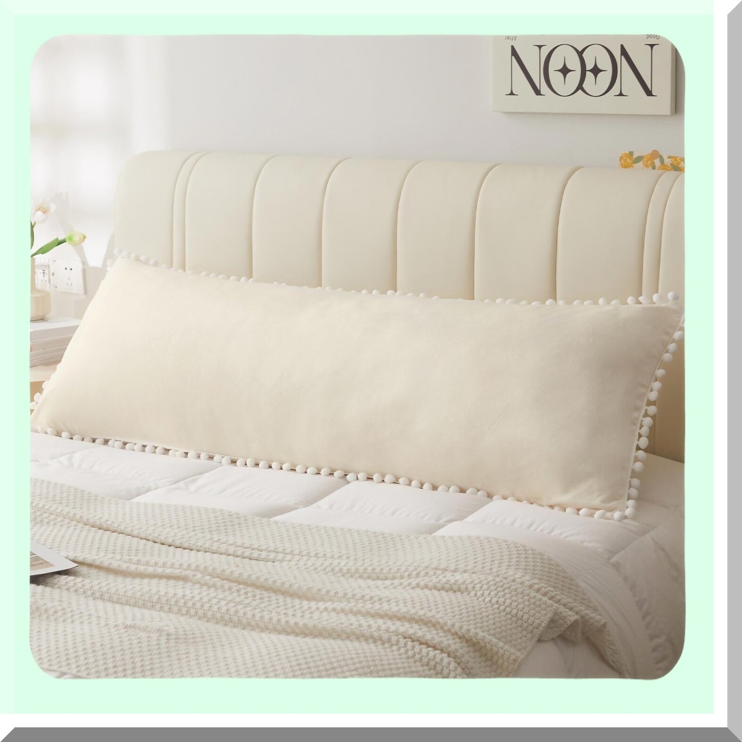 Velvet Fringe Plush Body Pillow Cover - Soft Microfiber Pillowcase with Zipper - Luxury Decorative Beige Bed Pillow Protector - Cute Pom Poms