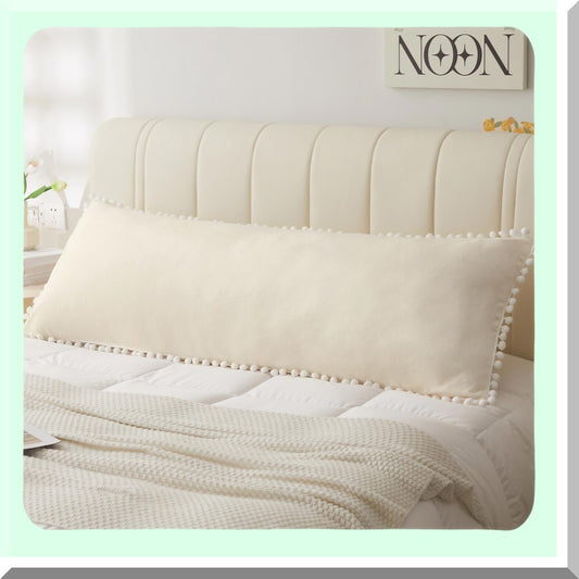 Velvet Fringe Plush Body Pillow Cover - Soft Microfiber Pillowcase with Zipper - Luxury Decorative Beige Bed Pillow Protector - Cute Pom Poms
