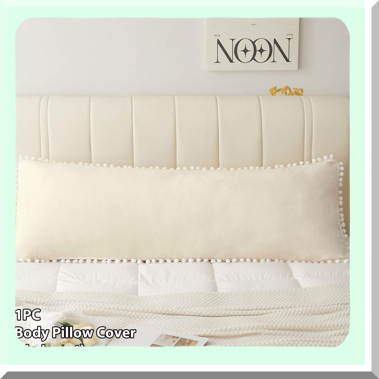 Velvet Fringe Plush Body Pillow Cover - Soft Microfiber Pillowcase with Zipper - Luxury Decorative Beige Bed Pillow Protector - Cute Pom Poms