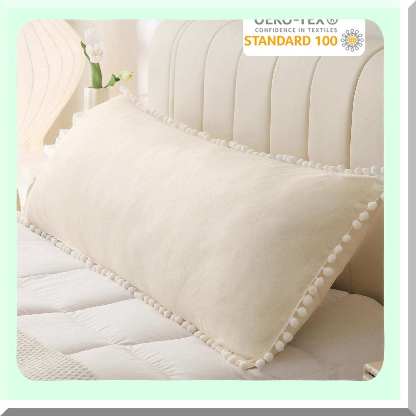 Velvet Fringe Plush Body Pillow Cover - Soft Microfiber Pillowcase with Zipper - Luxury Decorative Beige Bed Pillow Protector - Cute Pom Poms