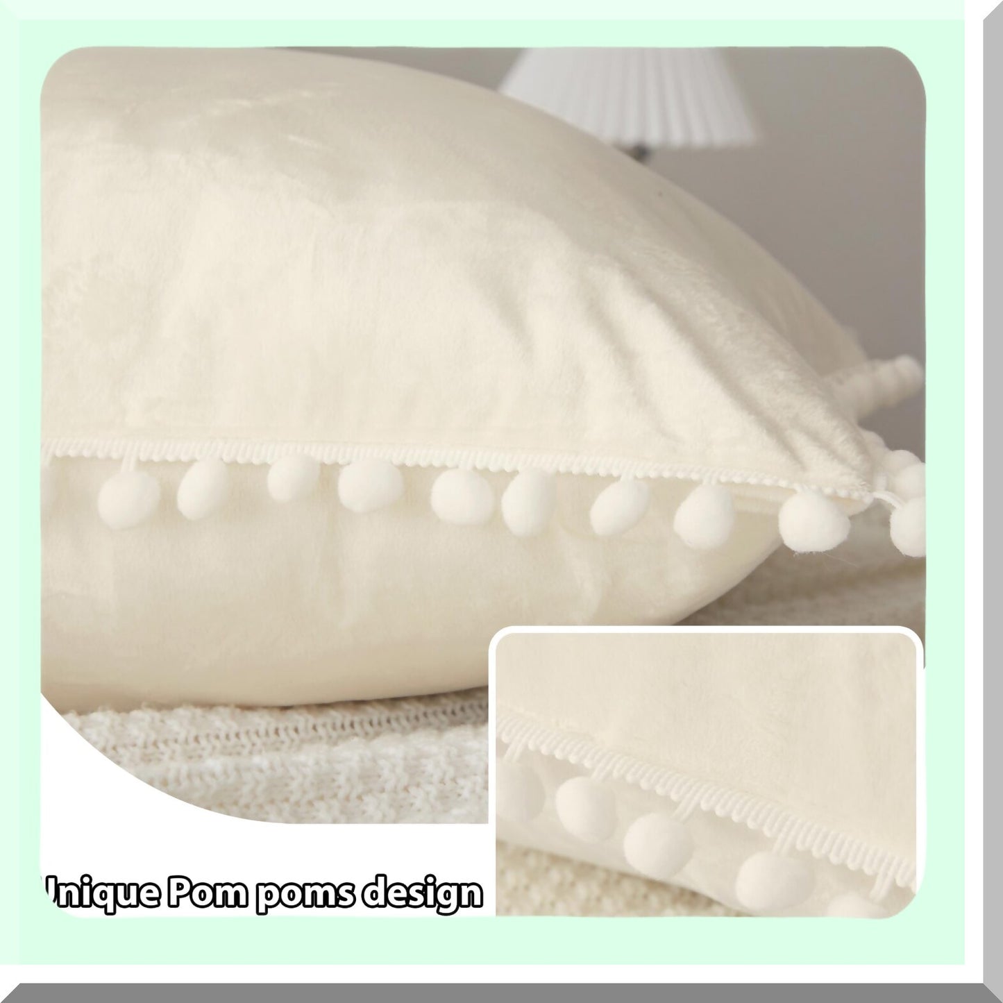 Velvet Fringe Plush Body Pillow Cover - Soft Microfiber Pillowcase with Zipper - Luxury Decorative Beige Bed Pillow Protector - Cute Pom Poms