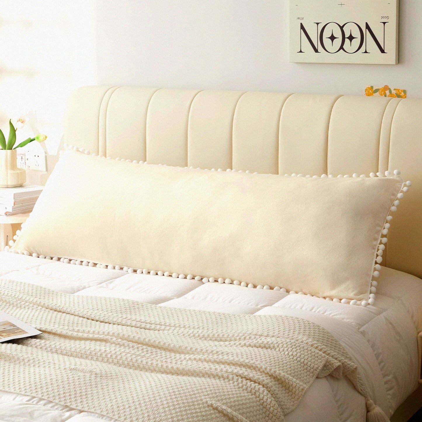 Velvet Fringe Plush Body Pillow Cover - Soft Microfiber Pillowcase with Zipper - Luxury Decorative Beige Bed Pillow Protector - Cute Pom Poms