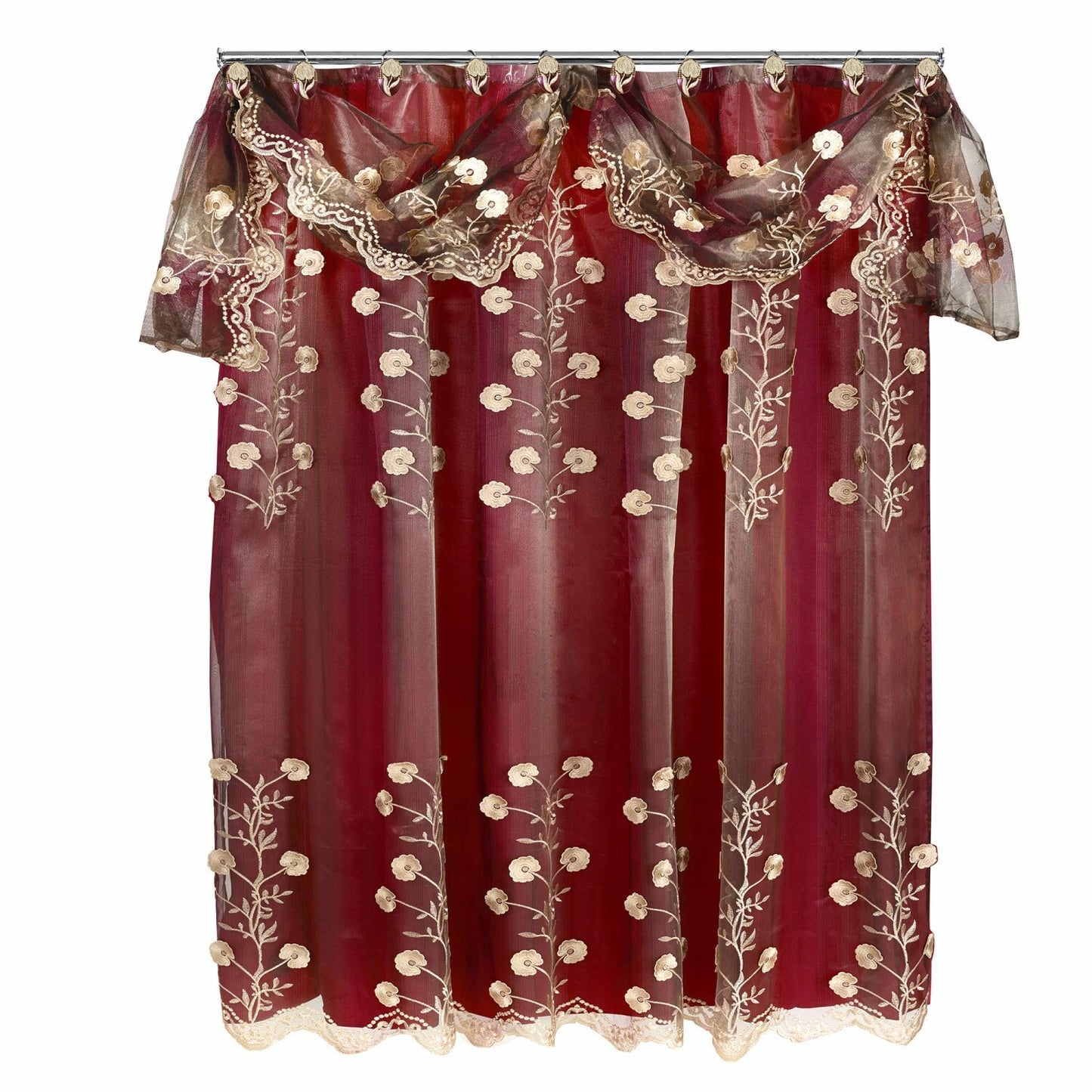 Ombre Rose Burgundy Shower Curtain Sheer Lace