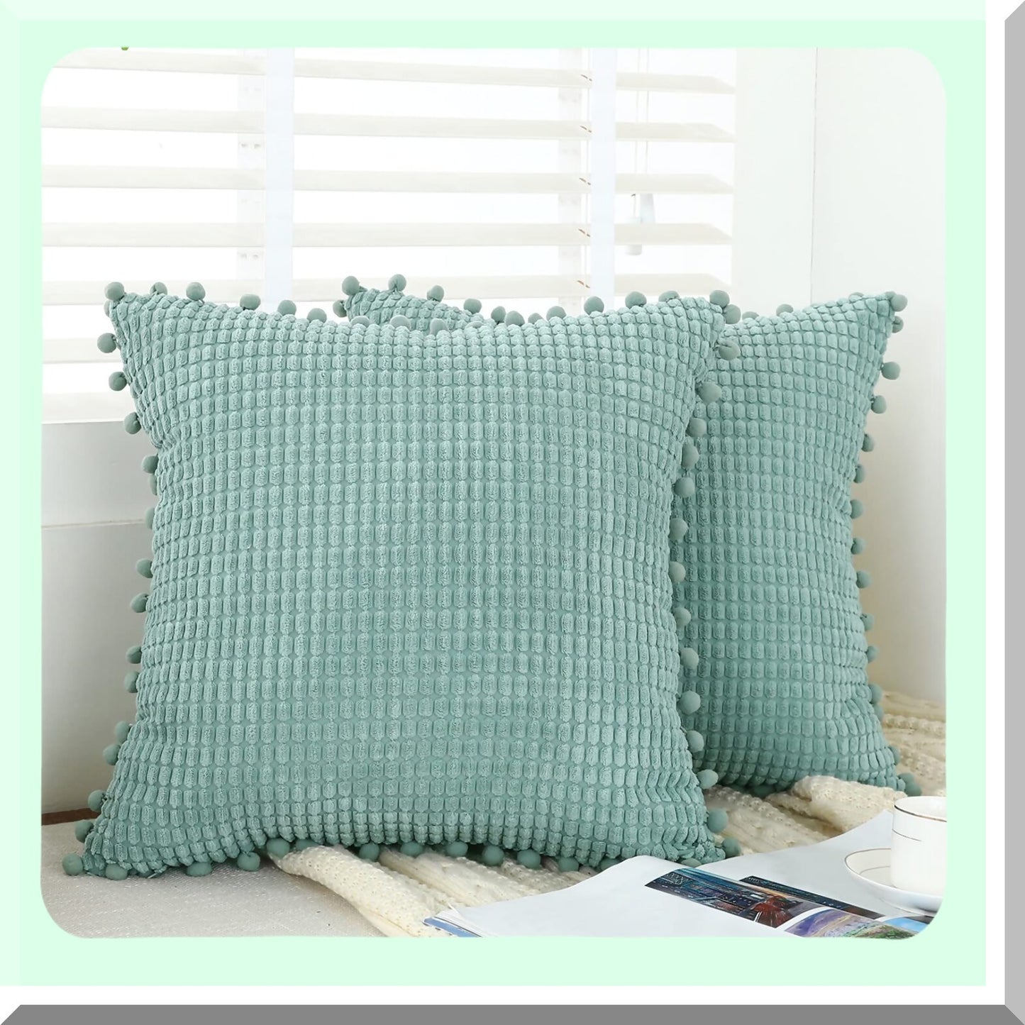 Pom-Pom Corduroy Farmhouse Throw Pillow Covers - Set of 2 Grey Blue 18x18 inch - Soft Boho Decorative Cushion Covers for Bed Couch Sofa