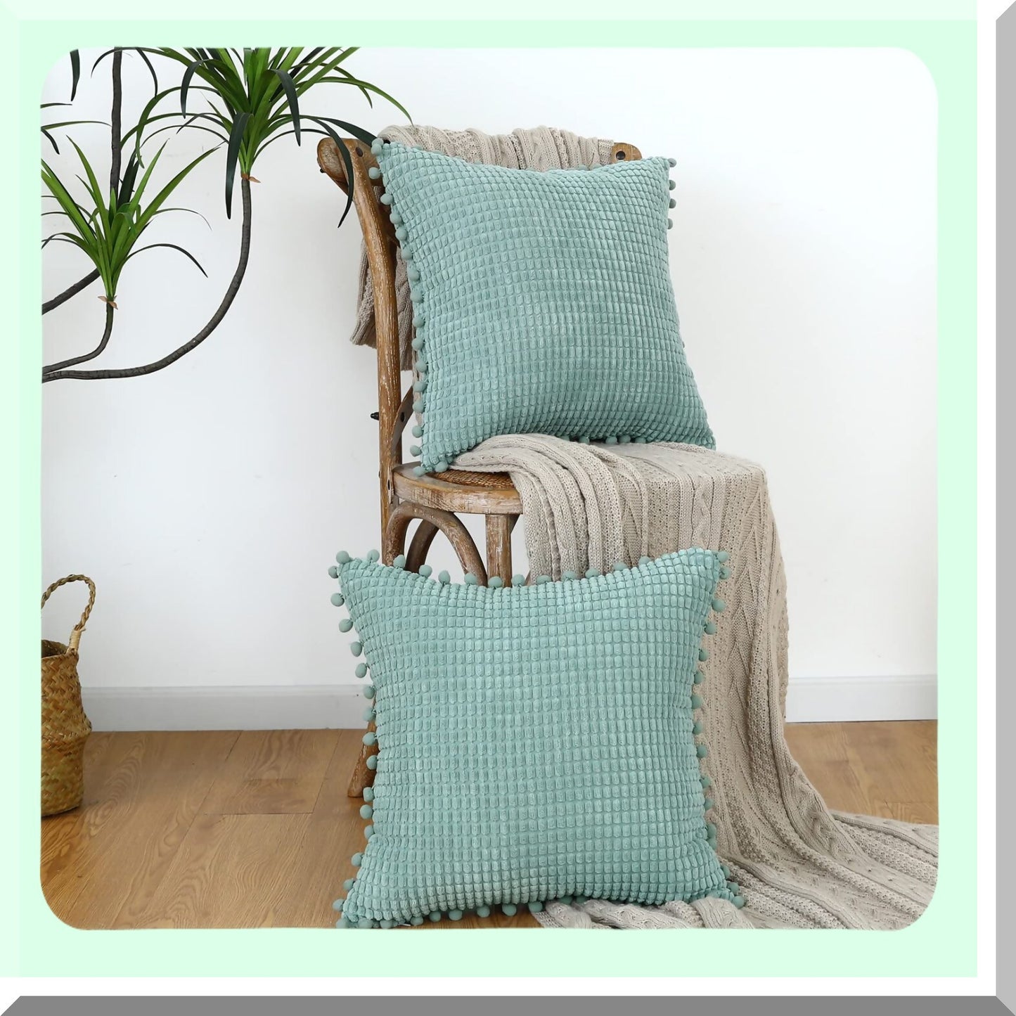 Pom-Pom Corduroy Farmhouse Throw Pillow Covers - Set of 2 Grey Blue 18x18 inch - Soft Boho Decorative Cushion Covers for Bed Couch Sofa