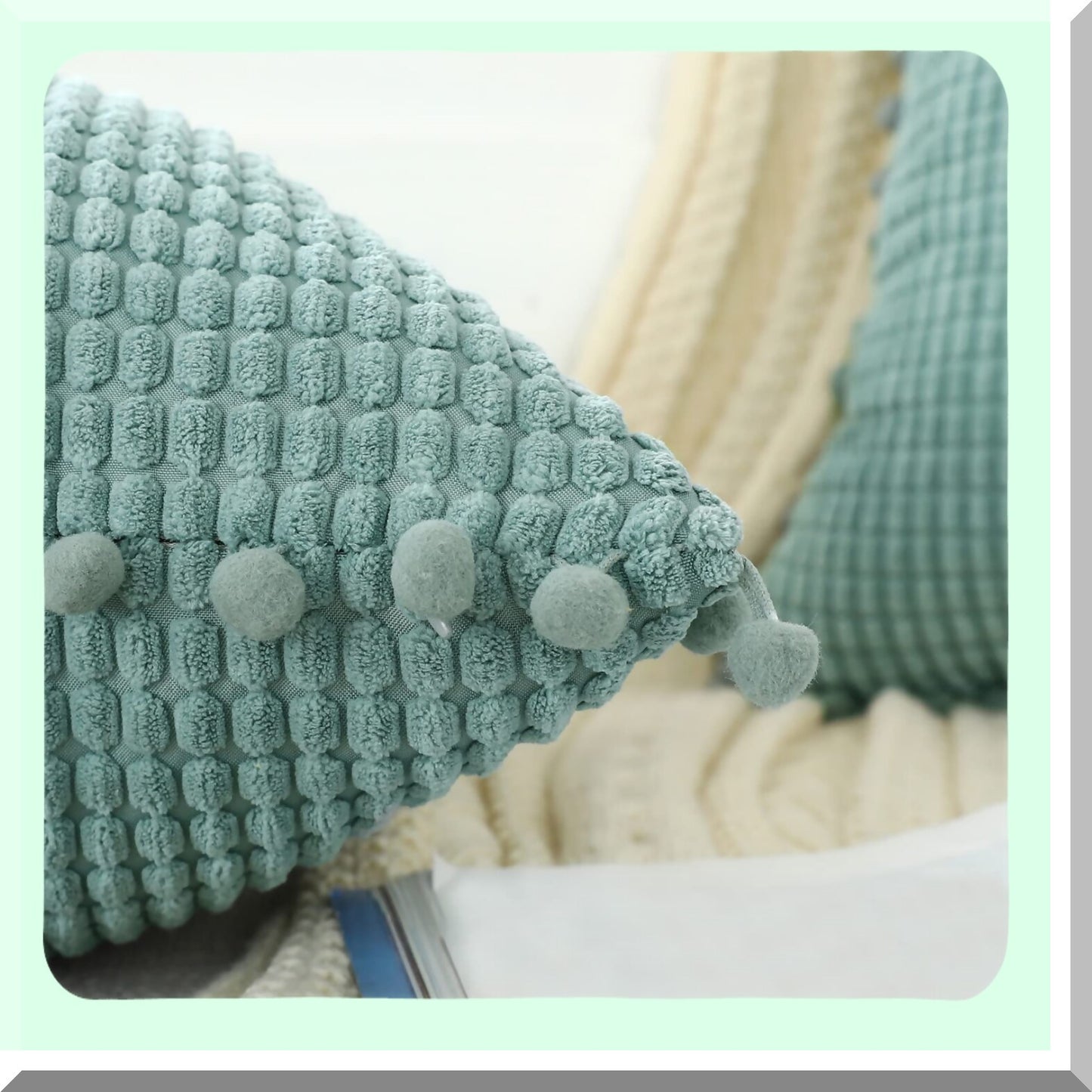 Pom-Pom Corduroy Farmhouse Throw Pillow Covers - Set of 2 Grey Blue 18x18 inch - Soft Boho Decorative Cushion Covers for Bed Couch Sofa