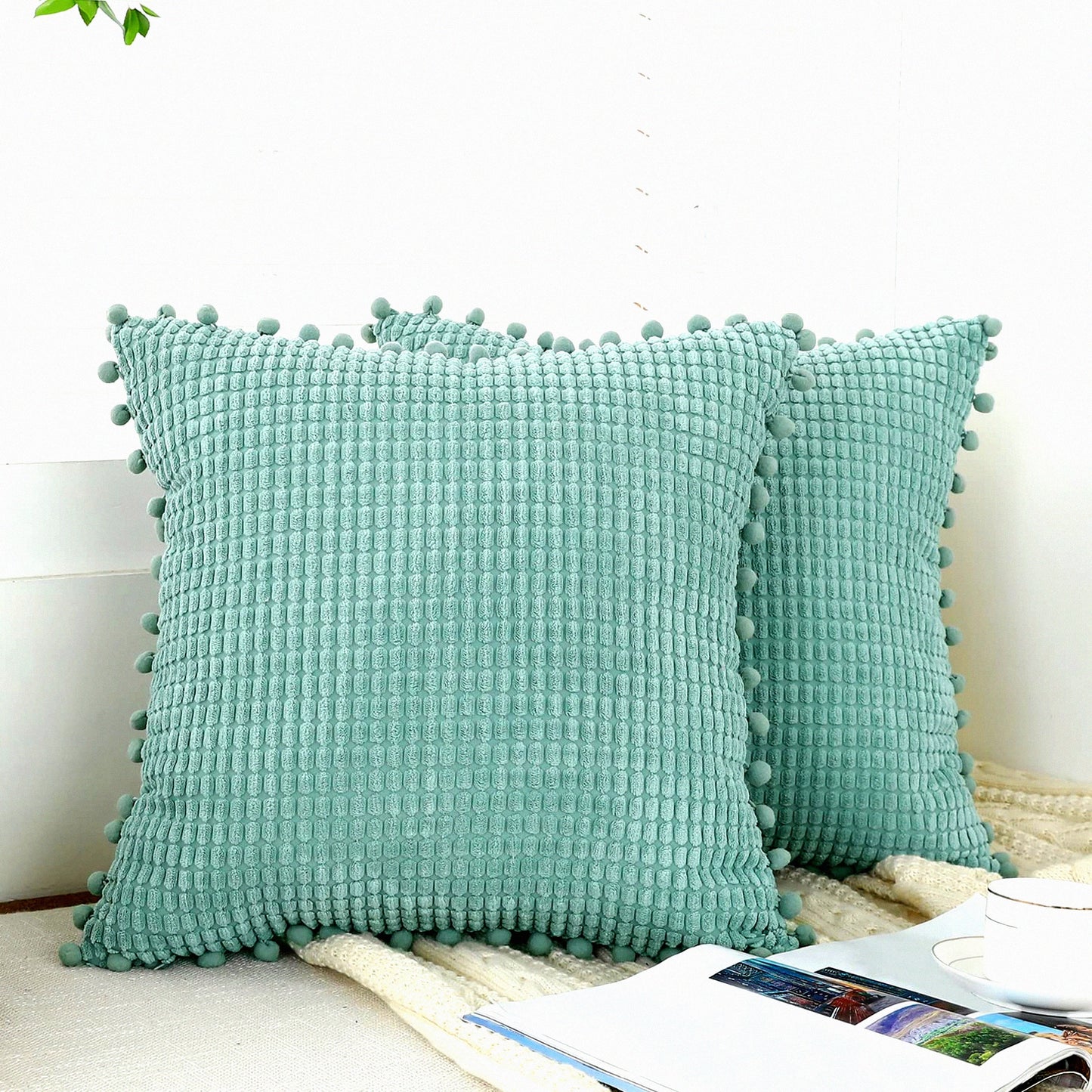 Pom-Pom Corduroy Farmhouse Throw Pillow Covers - Set of 2 Grey Blue 18x18 inch - Soft Boho Decorative Cushion Covers for Bed Couch Sofa