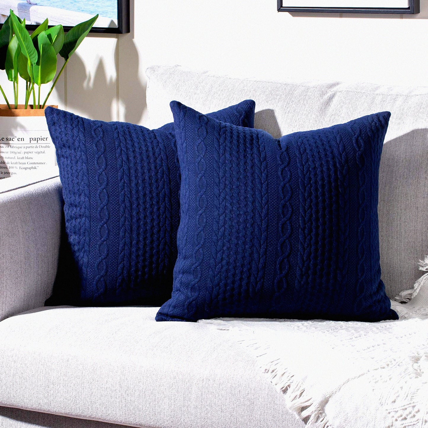 SuperSoft Square Pillow Covers - Set of 2 | Modern Embossed Patterned Cushion Cases for Couch, Sofa, Bedroom, Car | 22x22 inch Navy Blue Pillowcases