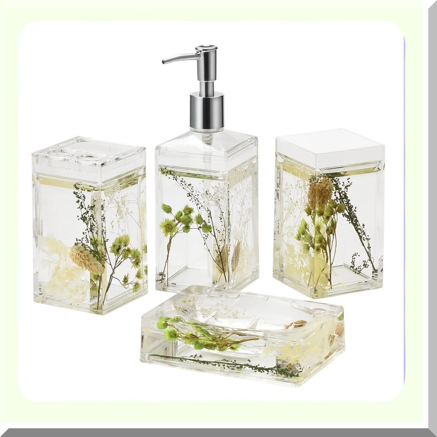 4 Piece Acrylic Floating Bathroom Vanity Accessory Set Green Plants