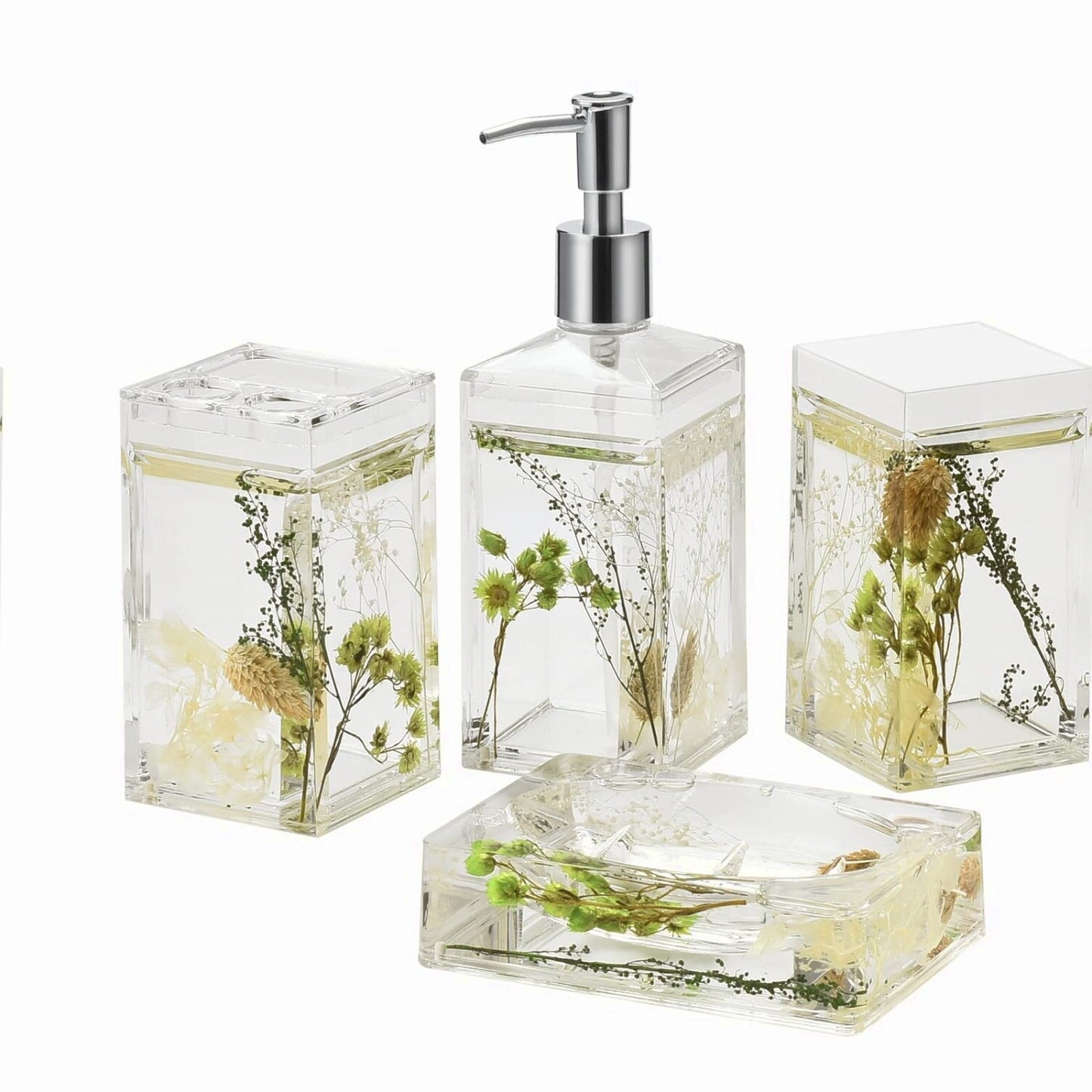 4 Piece Acrylic Floating Bathroom Vanity Accessory Set Green Plants