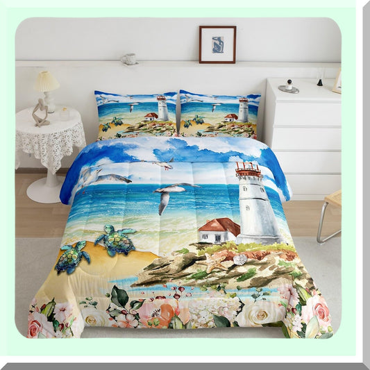 Ocean Breeze Queen Comforter Set - Beach Turtle & Bird Bedding with Starfish & Shell Design - Colorful Floral Duvet Insert with 2 Pillowcases for Women