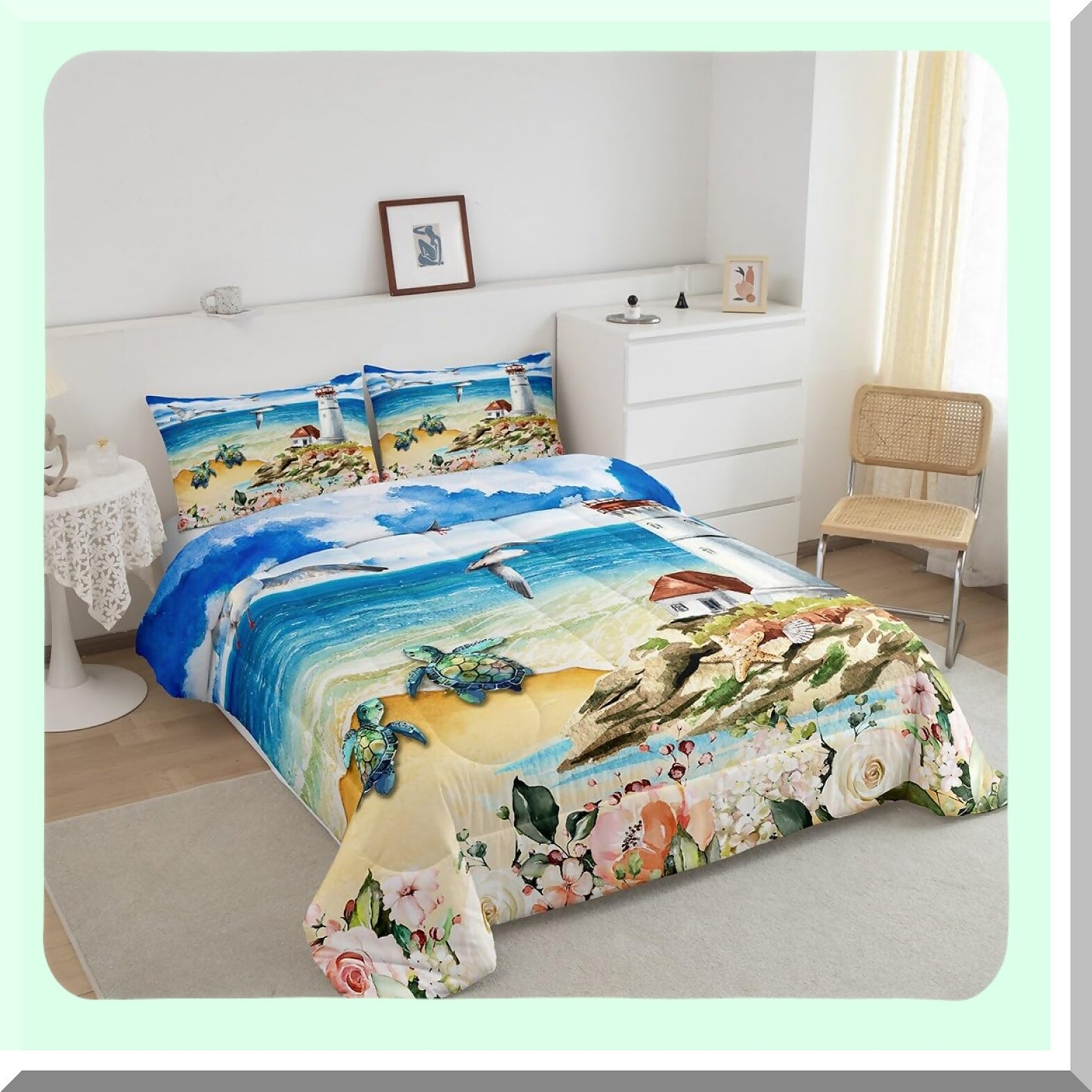 Ocean Breeze Queen Comforter Set - Beach Turtle & Bird Bedding with Starfish & Shell Design - Colorful Floral Duvet Insert with 2 Pillowcases for Women
