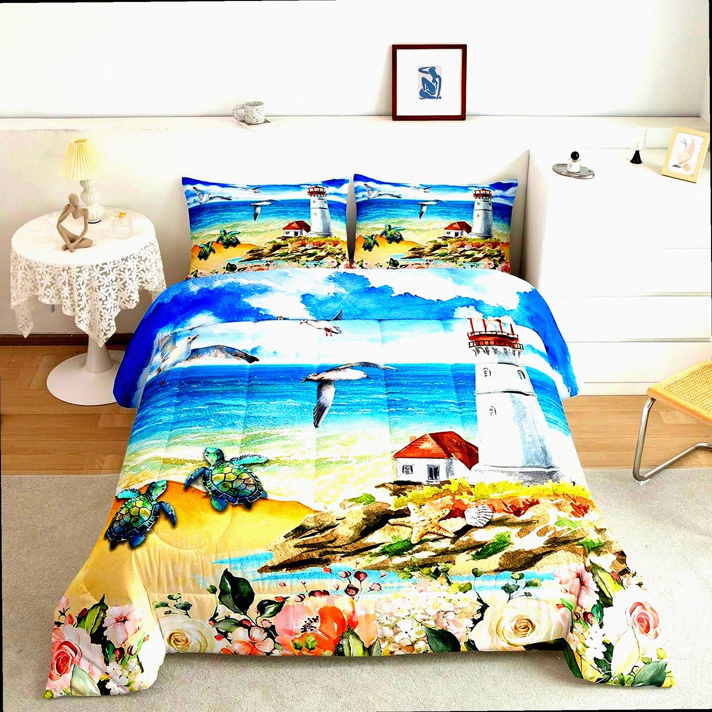 Ocean Breeze Queen Comforter Set - Beach Turtle & Bird Bedding with Starfish & Shell Design - Colorful Floral Duvet Insert with 2 Pillowcases for Women