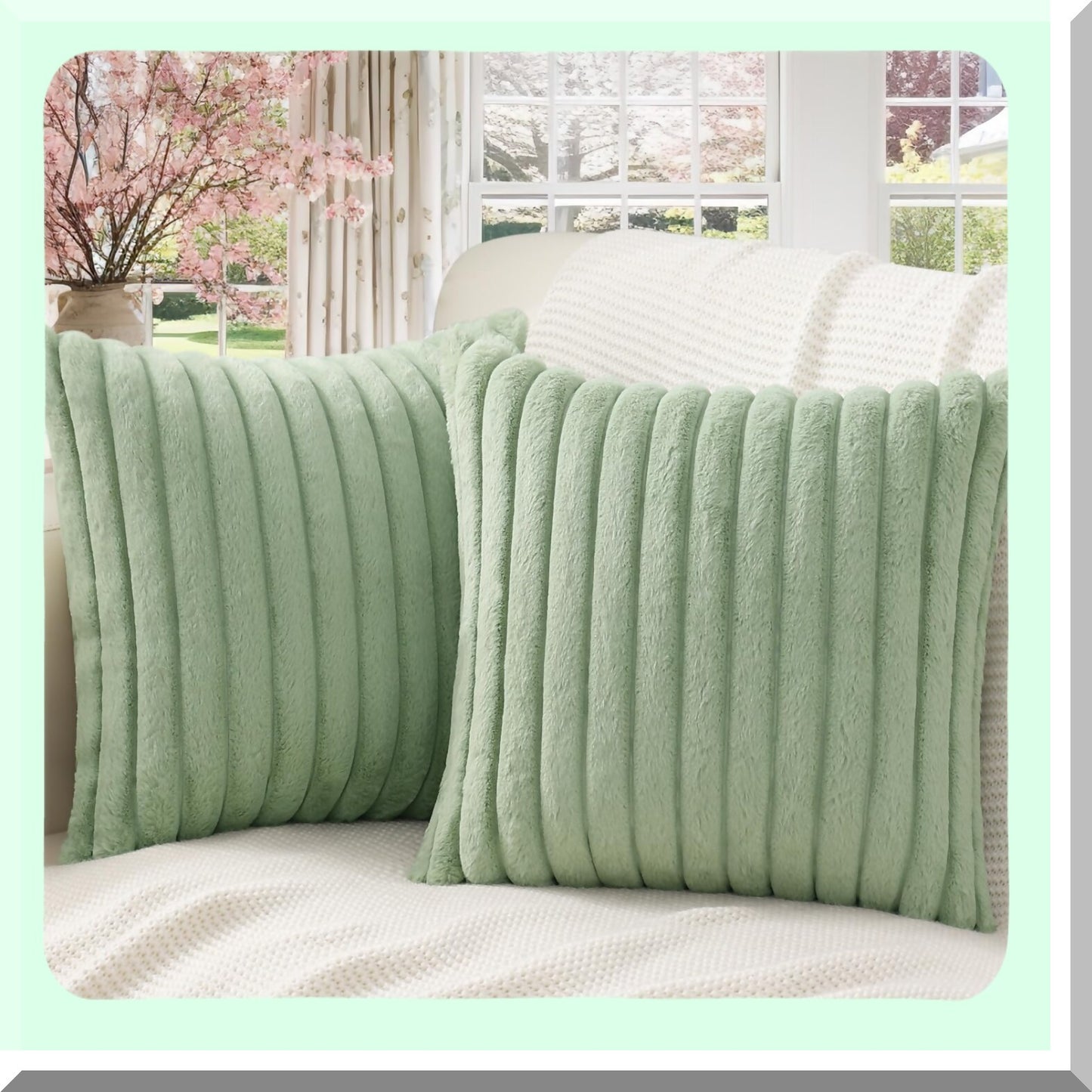 Luxury Sage Green Striped Plush Throw Pillow Covers - Set of 2, 24x24 Decorative Sofa Couch Living Room Soft Fluffy