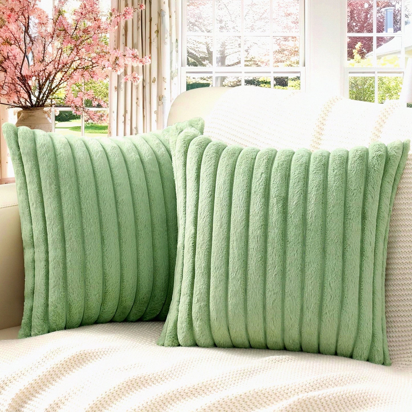 Luxury Sage Green Striped Plush Throw Pillow Covers - Set of 2, 24x24 Decorative Sofa Couch Living Room Soft Fluffy