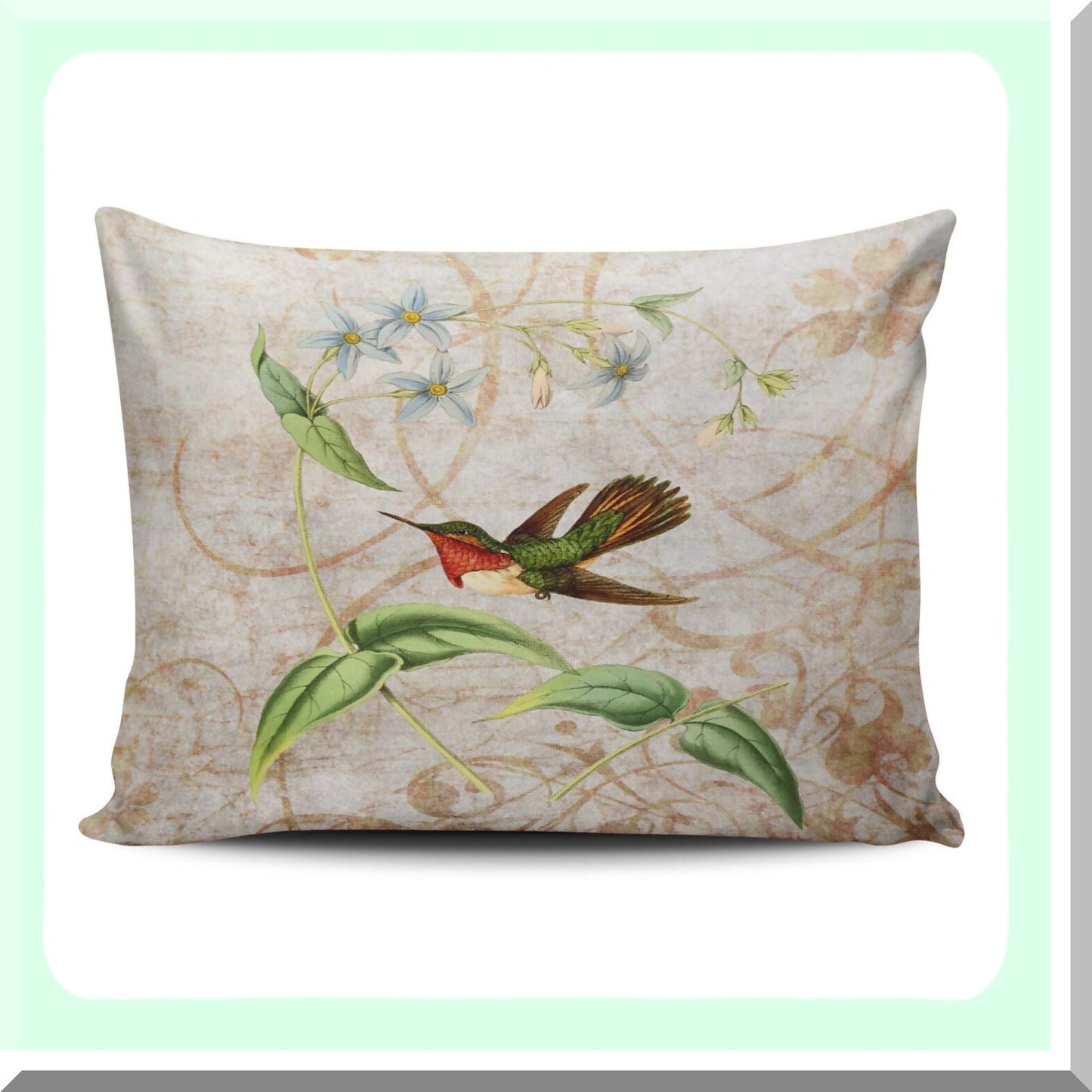 Scintillant Hummingbird Vintage Grunge Decor Pillowcase - Green & Ivory Custom Cushion Cover - 12x16 Inch Boudoir Throw Pillow - Hidden Zipper