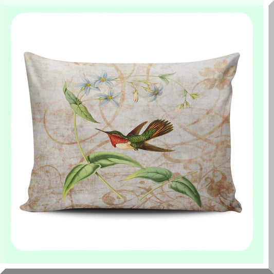 Scintillant Hummingbird Vintage Grunge Decor Pillowcase - Green & Ivory Custom Cushion Cover - 12x16 Inch Boudoir Throw Pillow - Hidden Zipper