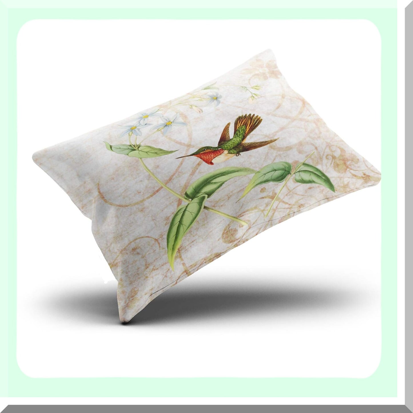 Scintillant Hummingbird Vintage Grunge Decor Pillowcase - Green & Ivory Custom Cushion Cover - 12x16 Inch Boudoir Throw Pillow - Hidden Zipper