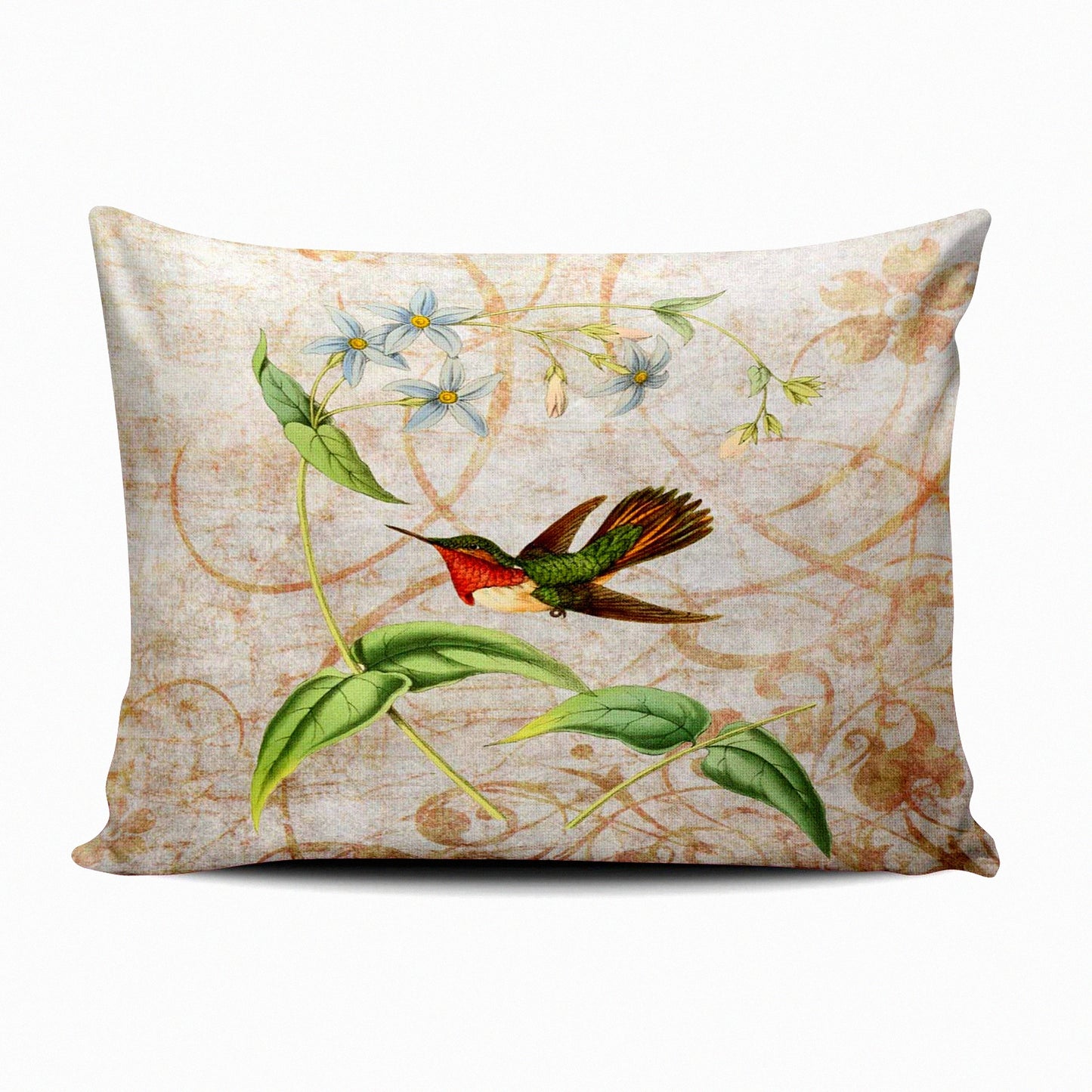 Scintillant Hummingbird Vintage Grunge Decor Pillowcase - Green & Ivory Custom Cushion Cover - 12x16 Inch Boudoir Throw Pillow - Hidden Zipper