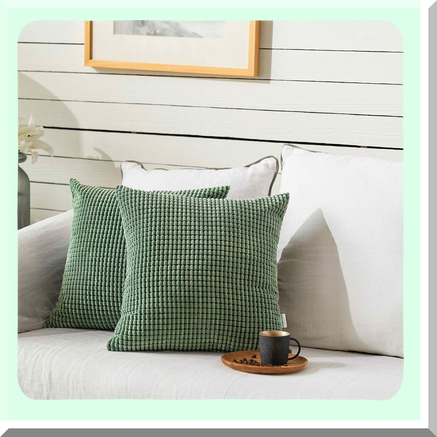 Corduroy Corn Granules Throw Pillow Covers - Comfy Cushion Pillowcase Set for Couch Sofa Bed - Decorative Square Bean Green - Pack of 2 - 16 X 16 Inch