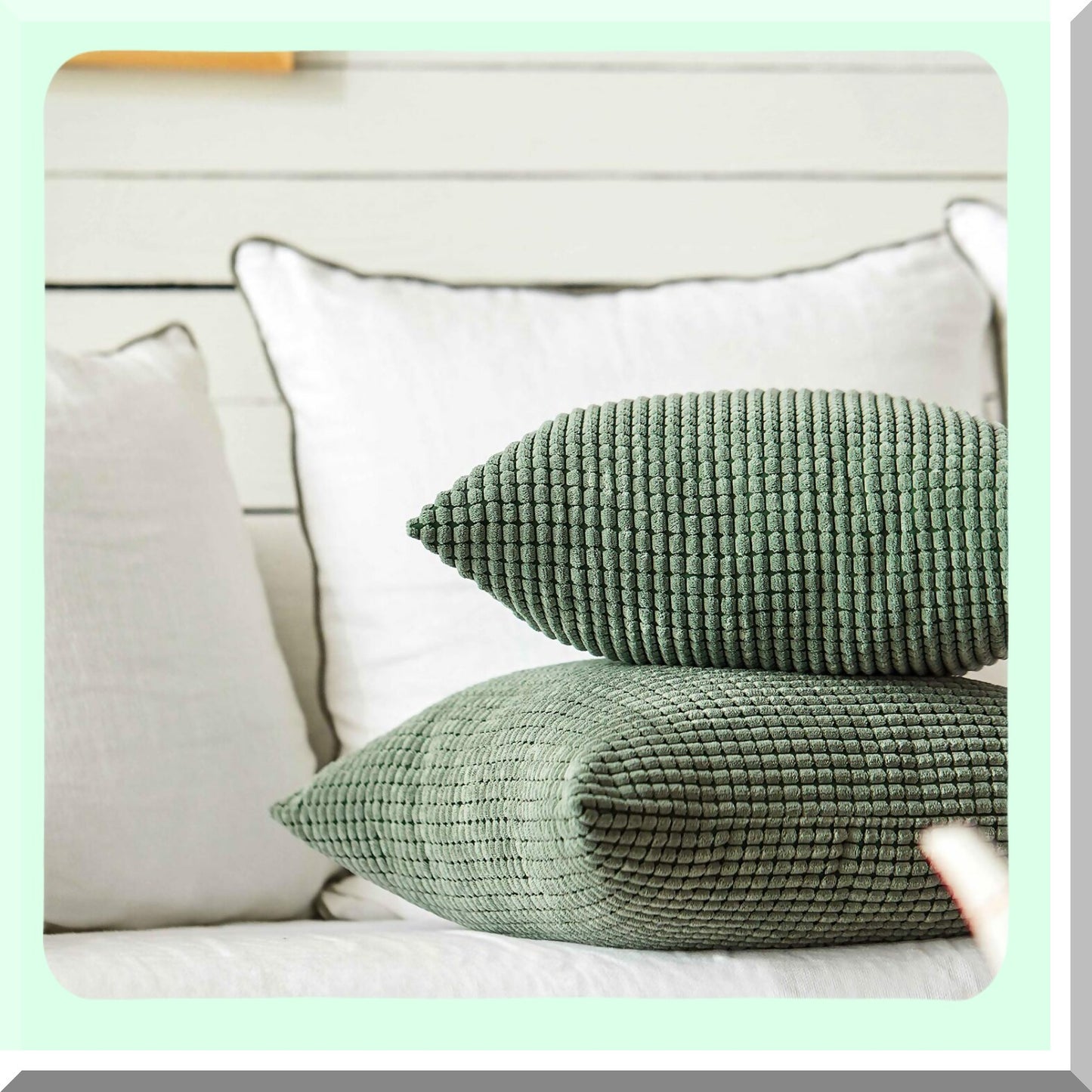 Corduroy Corn Granules Throw Pillow Covers - Comfy Cushion Pillowcase Set for Couch Sofa Bed - Decorative Square Bean Green - Pack of 2 - 16 X 16 Inch