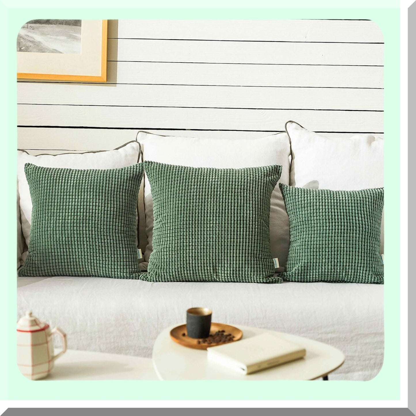 Corduroy Corn Granules Throw Pillow Covers - Comfy Cushion Pillowcase Set for Couch Sofa Bed - Decorative Square Bean Green - Pack of 2 - 16 X 16 Inch