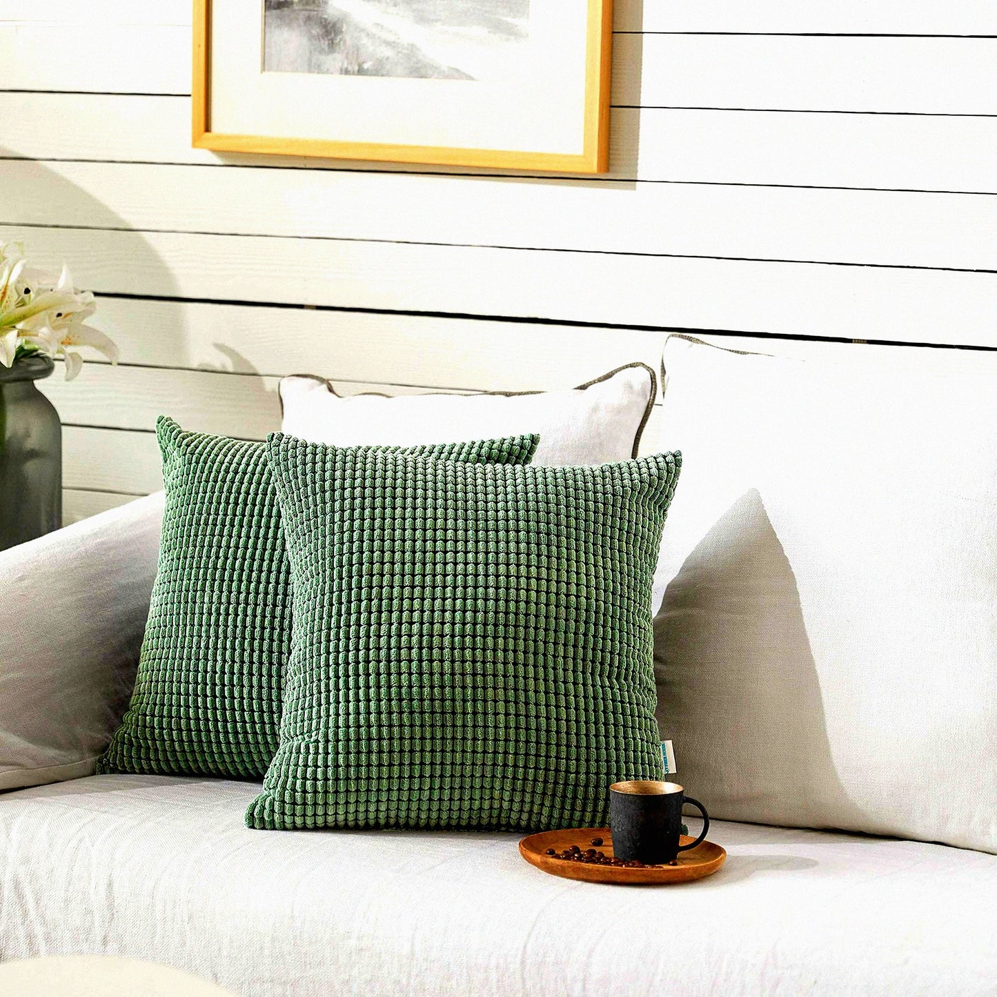 Corduroy Corn Granules Throw Pillow Covers - Comfy Cushion Pillowcase Set for Couch Sofa Bed - Decorative Square Bean Green - Pack of 2 - 16 X 16 Inch