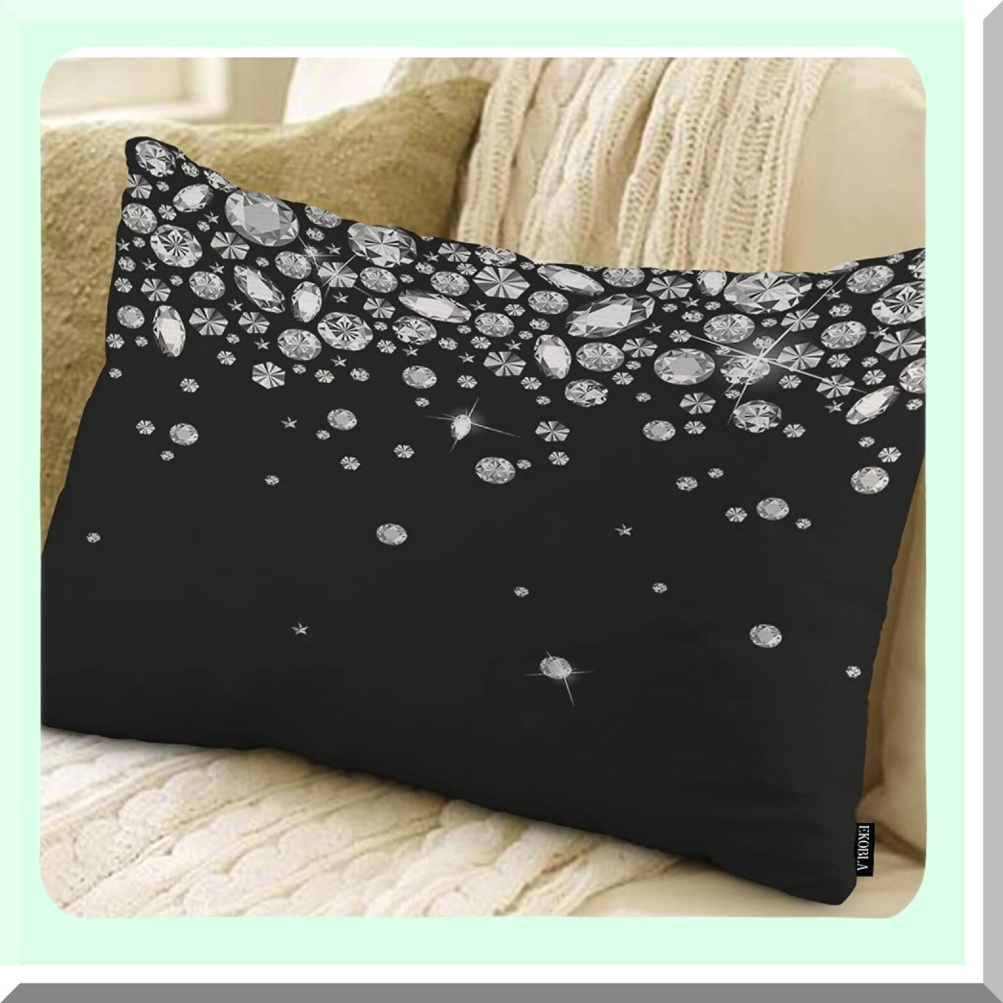 Crystal Sparkle Gemstone White Cotton Linen Throw Pillow Cover - Shiny Diamond Decorative Cushion Case for Sofa Lumbar Support 12x20 Inches