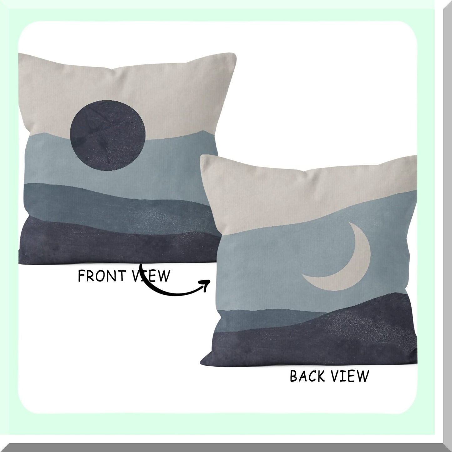 Boho Sun Moon Mountains Decorative Pillowcase - Modern Art Blue Landscape Throw Pillow Cover for Sofa Bed Girls Room - Bohemia Home Decor - 18 x 18 Inch Reversible Case