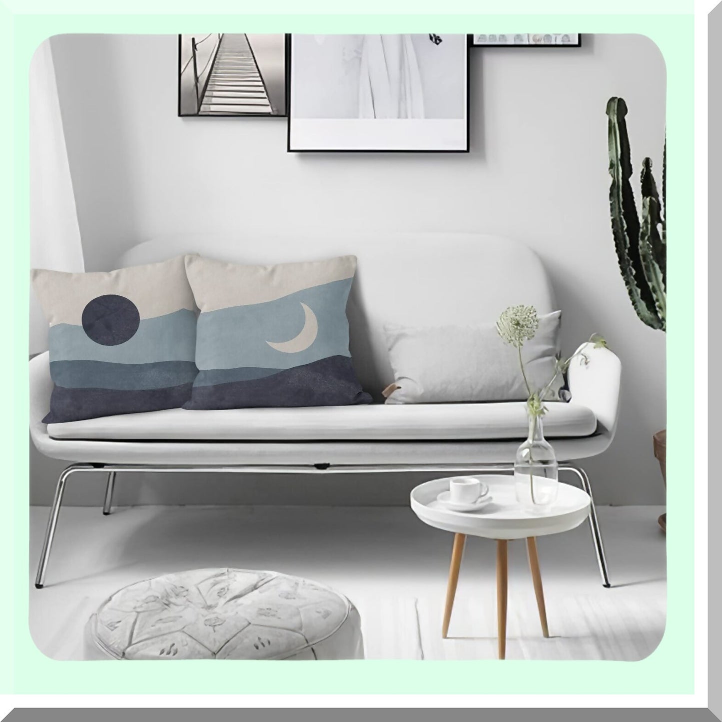 Boho Sun Moon Mountains Decorative Pillowcase - Modern Art Blue Landscape Throw Pillow Cover for Sofa Bed Girls Room - Bohemia Home Decor - 18 x 18 Inch Reversible Case