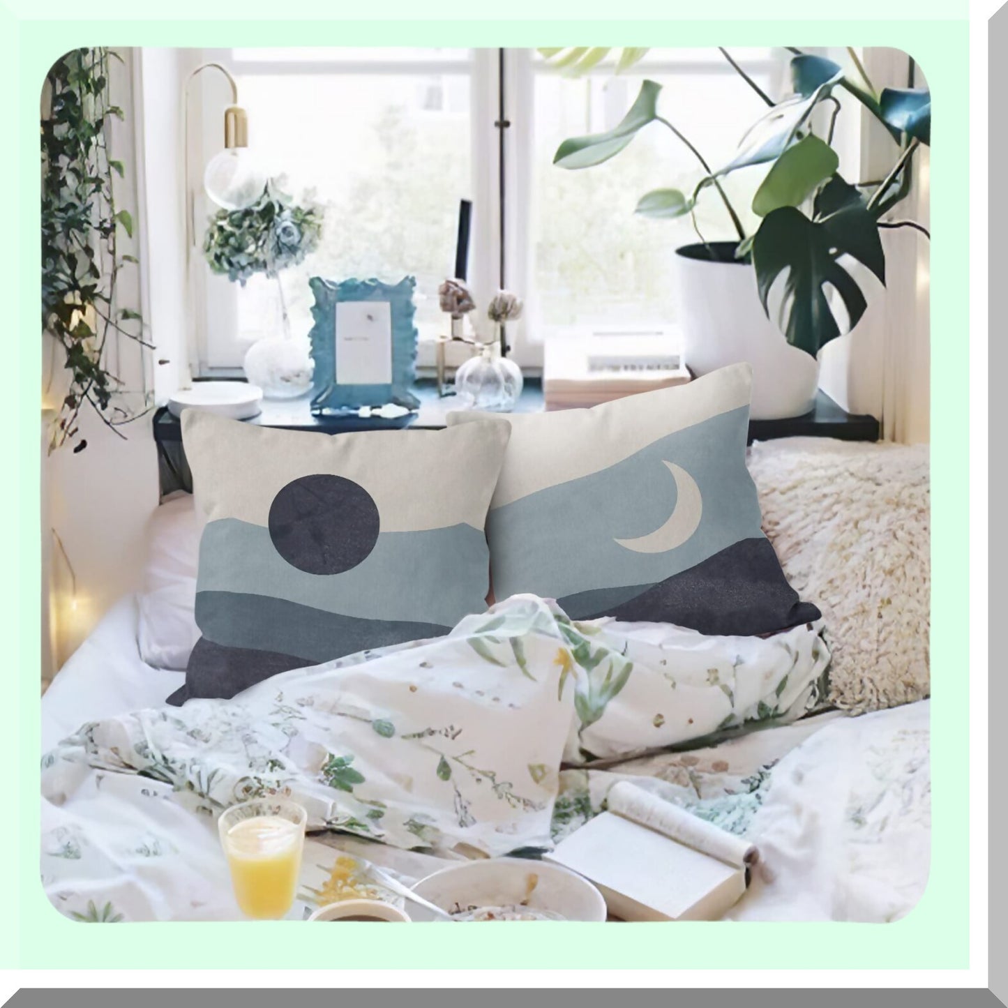 Boho Sun Moon Mountains Decorative Pillowcase - Modern Art Blue Landscape Throw Pillow Cover for Sofa Bed Girls Room - Bohemia Home Decor - 18 x 18 Inch Reversible Case