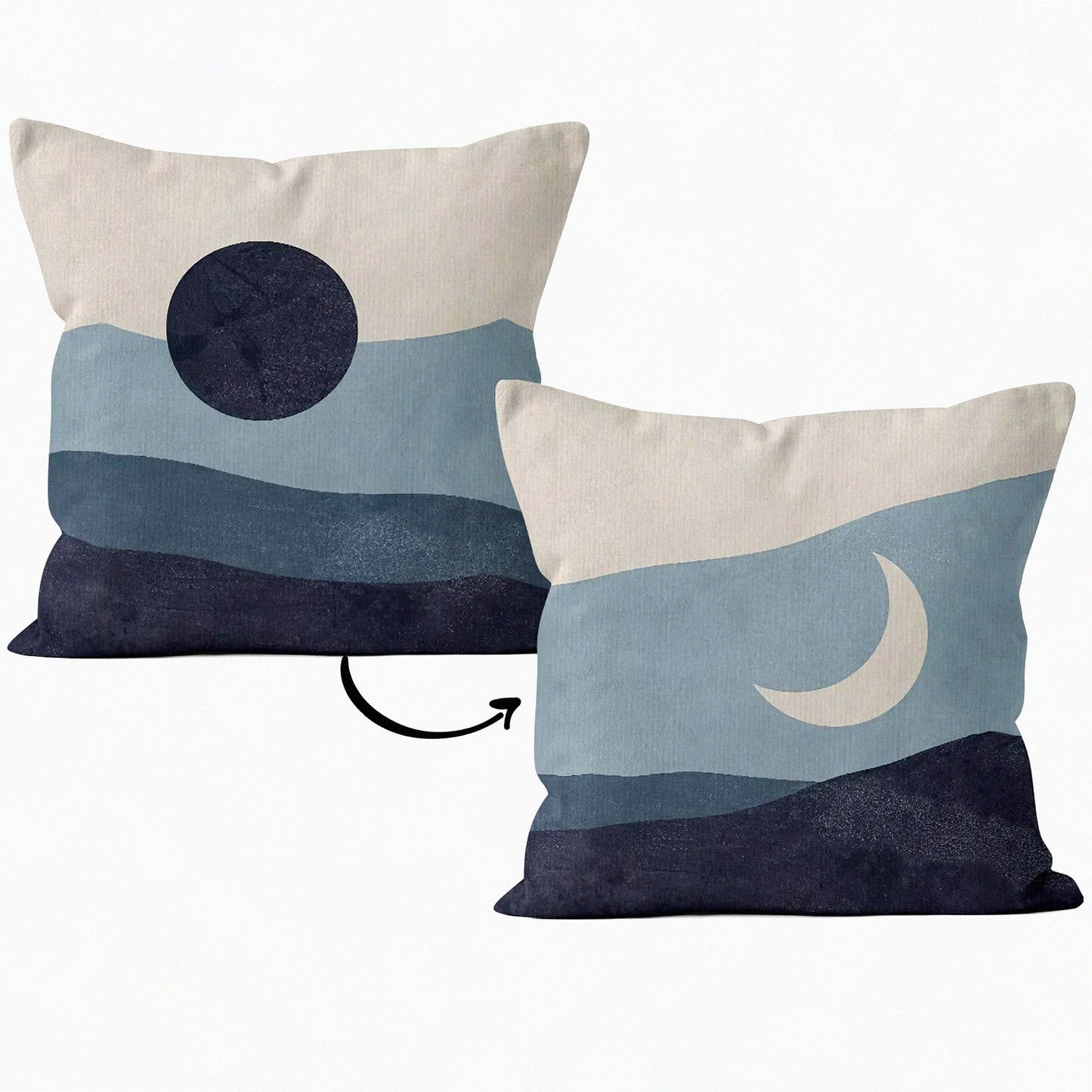 Boho Sun Moon Mountains Decorative Pillowcase - Modern Art Blue Landscape Throw Pillow Cover for Sofa Bed Girls Room - Bohemia Home Decor - 18 x 18 Inch Reversible Case