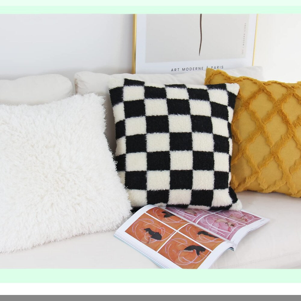 Luxury Checkerboard Wool Pillowcase Set - Soft Decorative Cushion Covers for Couch & Bedroom - Pack of 2 Black 18x18 Inch - Stylish Home Decor