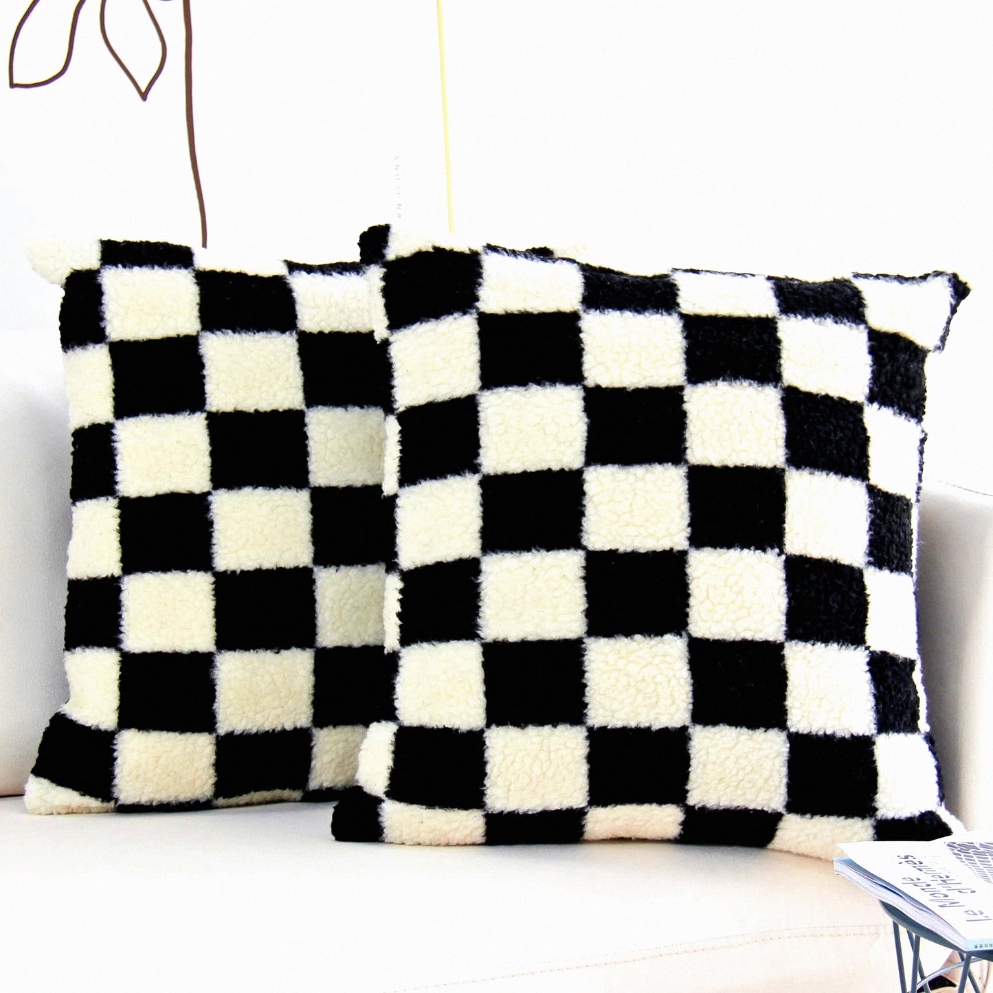 Luxury Checkerboard Wool Pillowcase Set - Soft Decorative Cushion Covers for Couch & Bedroom - Pack of 2 Black 18x18 Inch - Stylish Home Decor